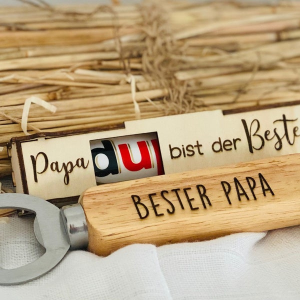 Vatertag Geschenkset - personalisierter Flaschenöffner + Duplobox, Geschenk Papa, Geschenke für Männer