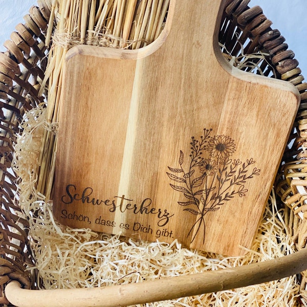 Geschenk Brettchen für die beste Schwester "Schwesterherz" Blumenmotiv