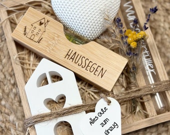 Einweihungsgeschenk, Einzug in Haus / Wohnung, neues Zuhause, Geldgeschenk, Geschenkset mit Holzbox, Wasserwaage, Haussegen