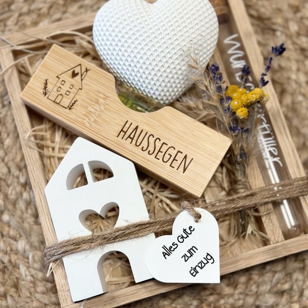 Einweihungsgeschenk, Einzug in Haus / Wohnung, neues Zuhause, Geldgeschenk, Geschenkset mit Holzbox, Wasserwaage, Haussegen