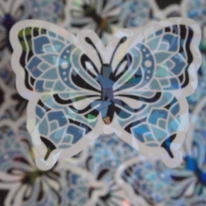 Holographic Blue Butterfly Sticker: Geometric Die Cut Vinyl