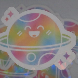 Happy Planet Holographic Sticker: Waterproof Vinyl Rainbow Space Decal