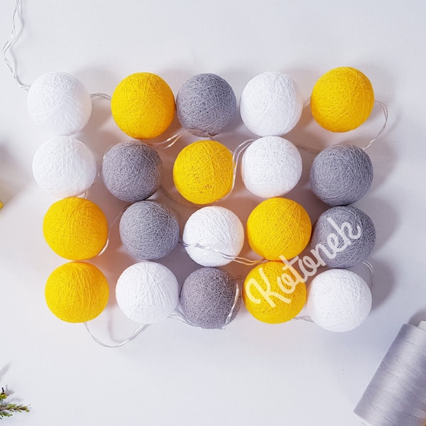 Fairy Lights argent, Cotton Ball Lights à piles, jaune-gris, String Lights