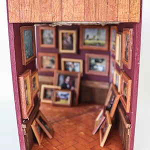 Book Nook Art Gallery Diorama, Burgundy Theme, Bookend, Bookshelf Insert, Finished For Birthday and Housewarming Gift