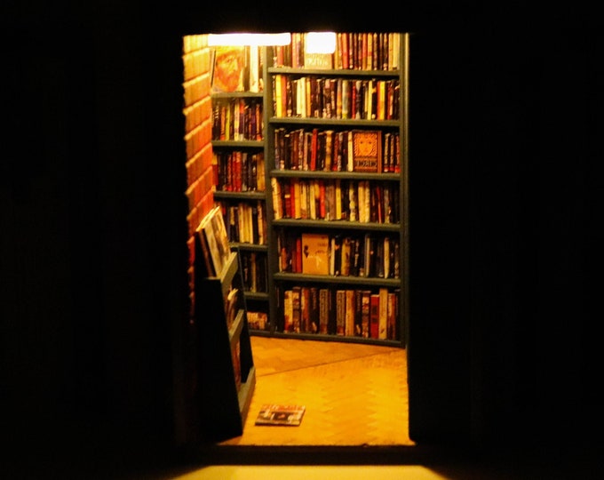 Book Nook Library Diorama with Green Bookcase, Miniature Books Finished For Birthday and Housewarming Gift