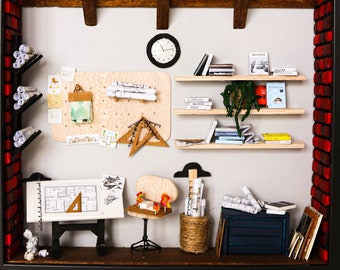 Miniature Architect's Office Diorama Shadow Box 3d wall art for birthday, housewarming gift