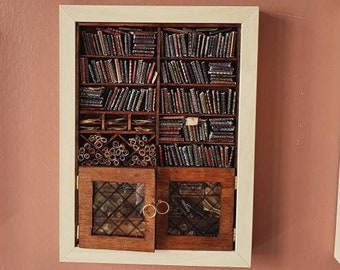 Handmade Wooden Library Diorama: Miniature 3D Wall Art