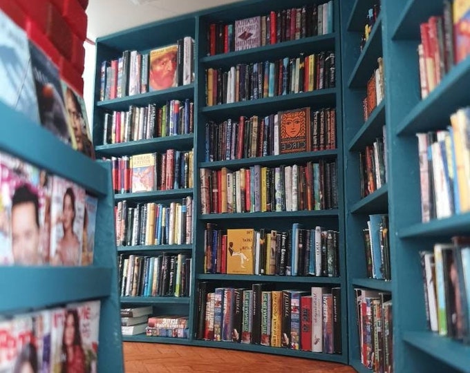 Book Nook Library Diorama Bookend Bookshelf Insert with Blue Bookcase Miniature Books Finished For Birthday and Housewarming Gift