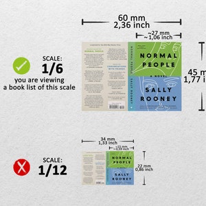 Peut inclure: Comparaison de deux &eacute;chelles diff&eacute;rentes pour une couverture de livre. La plus grande &eacute;chelle est de 1/6 et la plus petite est de 1/12. La couverture du livre est pour "Normal People" de Sally Rooney. La couverture pr&eacute;sente une illustration bleue et blanche de deux visages.