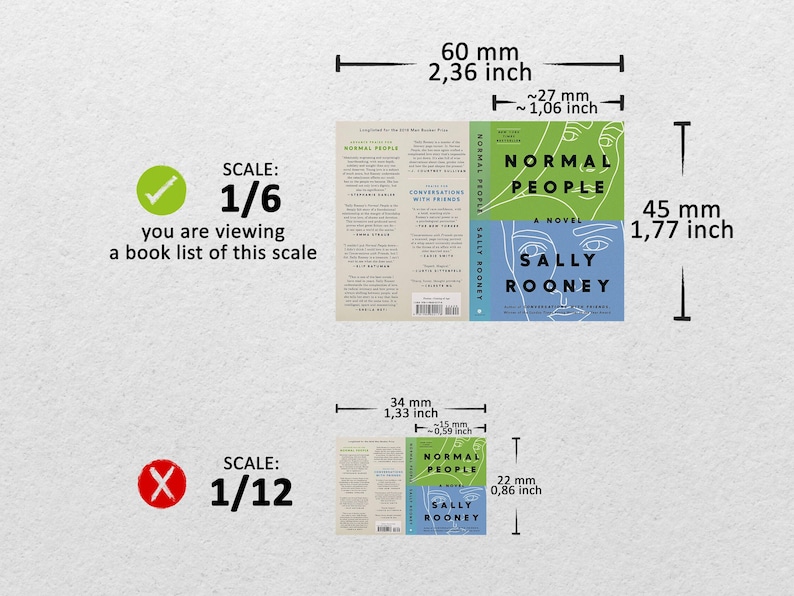 Peut inclure: Comparaison de deux &eacute;chelles diff&eacute;rentes pour une couverture de livre. La plus grande &eacute;chelle est de 1/6 et la plus petite est de 1/12. La couverture du livre est pour "Normal People" de Sally Rooney. La couverture pr&eacute;sente une illustration bleue et blanche de deux visages.