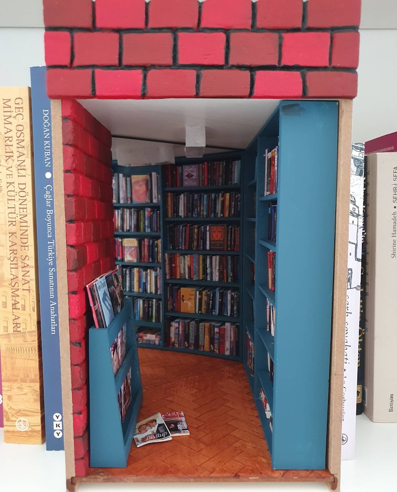 Book Nook Library Diorama Bookend Bookshelf Insert With Blue Etsy