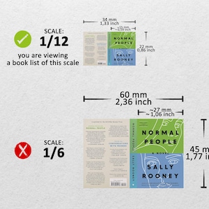 Puede incluir: Una comparaci&oacute;n de dos escalas diferentes para ver una portada de libro. La primera escala es 1/12 y la segunda escala es 1/6. La portada del libro es para "Normal People" de Sally Rooney. La portada es azul claro con una ilustraci&oacute;n verde y blanca de una cara.