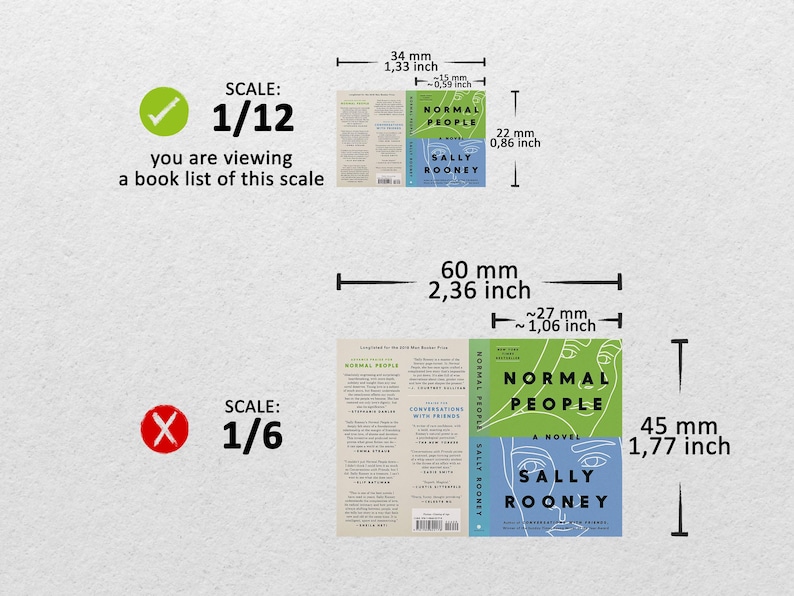 Puede incluir: Una comparaci&oacute;n de dos escalas diferentes para ver una portada de libro. La primera escala es 1/12 y la segunda escala es 1/6. La portada del libro es para "Normal People" de Sally Rooney. La portada es azul claro con una ilustraci&oacute;n verde y blanca de una cara.