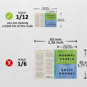 May include: A comparison of two different scales for a book cover. The book cover is for "Normal People" by Sally Rooney. The first scale is 1/12 and the second scale is 1/6. The book cover is 60 mm (2.36 inches) wide and 45 mm (1.77 inches) tall.