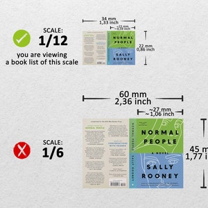 May include: A comparison of two different scales for a book cover. The book cover is for "Normal People" by Sally Rooney. The first scale is 1/12 and the second scale is 1/6. The book cover is 60 mm (2.36 inches) wide and 45 mm (1.77 inches) tall.