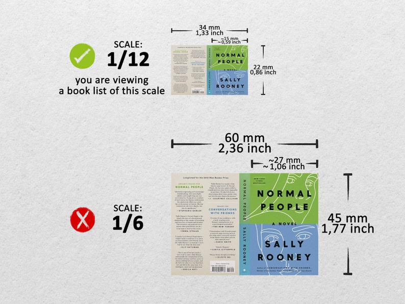 May include: A comparison of two different scales for a book cover. The book cover is for "Normal People" by Sally Rooney. The first scale is 1/12 and the second scale is 1/6. The book cover is 60 mm (2.36 inches) wide and 45 mm (1.77 inches) tall.