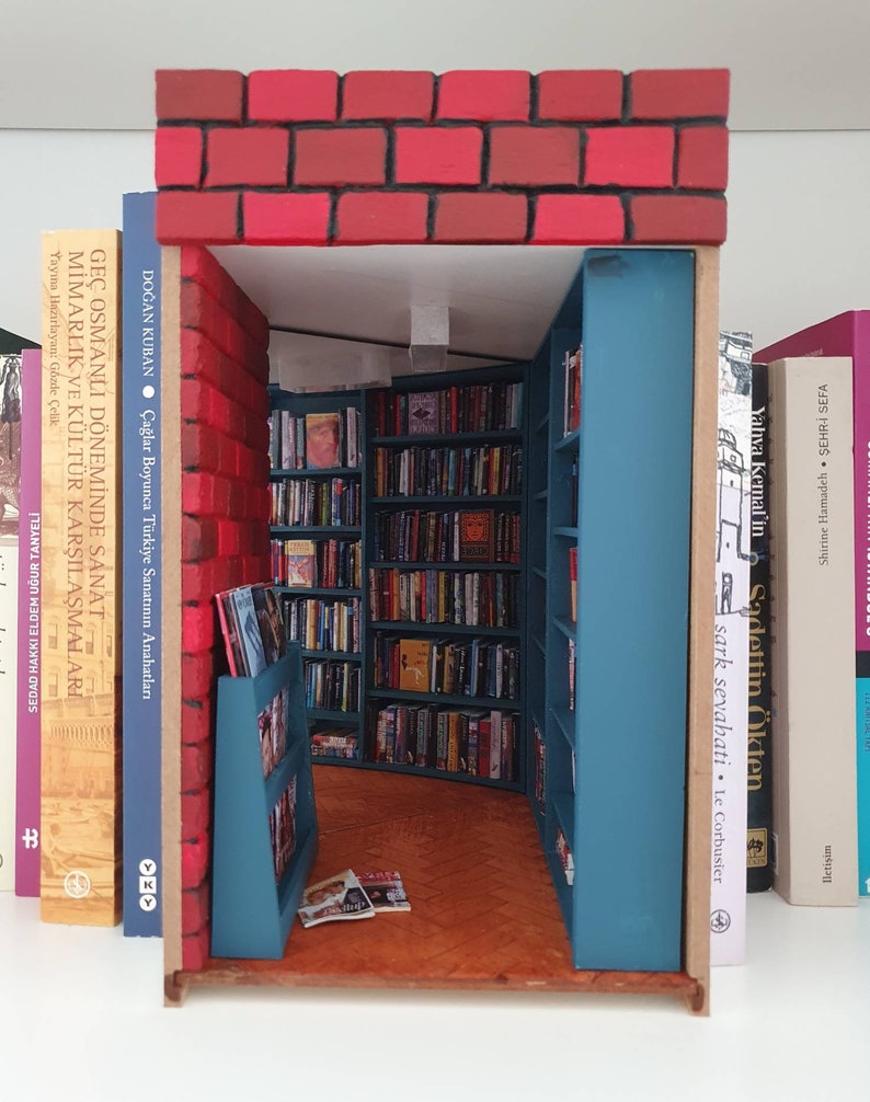 Book Nook Library Diorama Bookend Bookshelf Insert With Blue Etsy