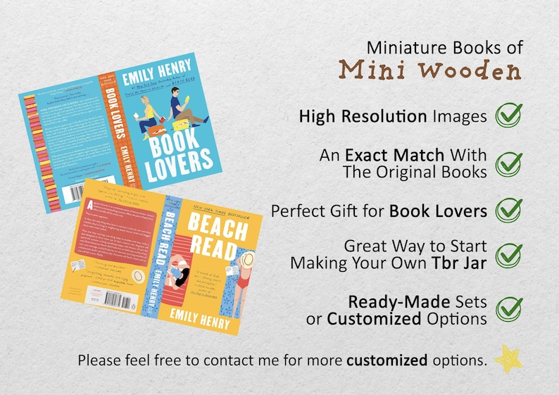 May include: Two miniature wooden book covers with high resolution images of the book covers "Book Lovers" and "Beach Read" by Emily Henry. The covers are displayed on a white background with a checklist of features.
