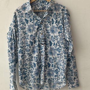 Block Printed Cotton Summer Woman Shirt   Button Down Shirt, Long Sleeve, Blue and White Pattern