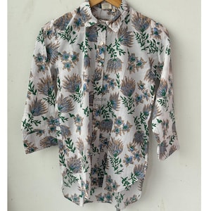 Women&#39;s Floral Print Button Down Shirt, White with Blue Flowers and Green Leaves Pattern, Long Sleeve