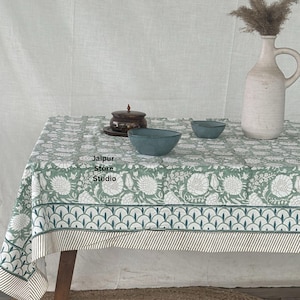 Green Floral Hand Block Print Tablecloth: Indian Cotton Table Cover