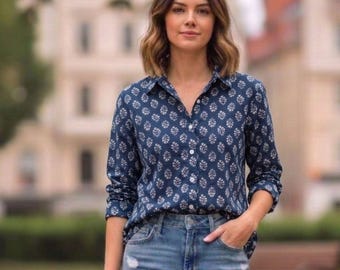 Hand Block Printed Fern Shirt: Long Sleeve Cotton Button Down Blouse