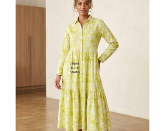 Women's Floral Print Tiered Midi Shirtdress, Long Sleeve Button-Down, Yellow and White Dress