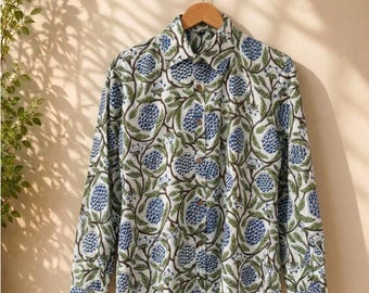 Camisa de algodón con botones y estampado floral: Estampado de hojas de vid azules, Comercio Justo