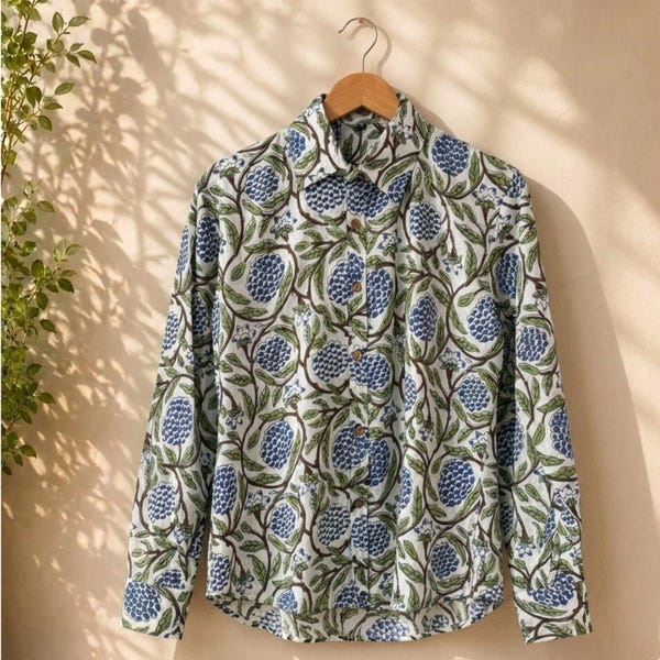 Floral Cotton Button Down Shirt: Blue Grape Leaf Print, Fair Trade