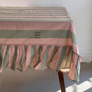 Striped Ruffled Tablecloth, Pink and Sage Green, Farmhouse Style, Decorative Table Cover with Frilled Skirt,
