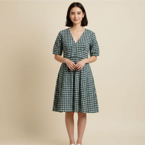Floral Women's Gingham Check Cotton Dress, V-Neck, 3/4 Puff Sleeve, Green and White Pattern Floral Women's Gingham Check Cotton Dress, V-Neck, 3/4 Puff Sleeve, Green and White Pattern