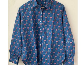 Womens Floral Print Button Down Shirt, Jaipur Block Print