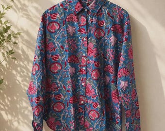 Overhemd met handdruk en bloemenprint, katoenen Jaipur-blouse