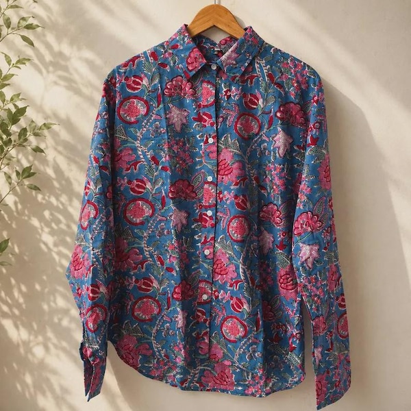 Hand Block Printed Floral Shirt, Jaipur Cotton Blouse