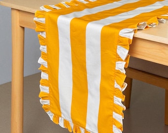 Camino de mesa de algodón a rayas con volantes, disponible en 2 colores. Decoración para la mesa del comedor.