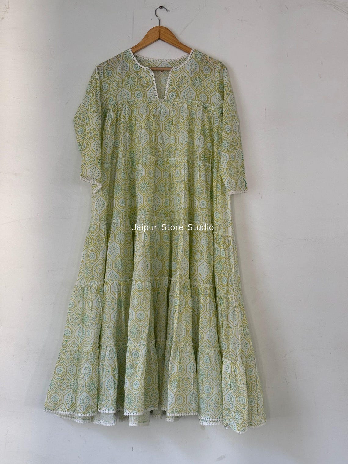 Olive Brown Floral Cotton Mini Dress – Hand Block Print Boho Tiered Style