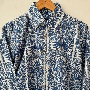 Block Printed Cotton Summer Woman Shirt   Button Down Shirt, Long Sleeve, Blue and White Pattern