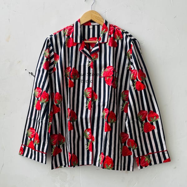 Hand Block Print Cotton Pajama Set, Strawberry Print Striped Shirt, Black & White