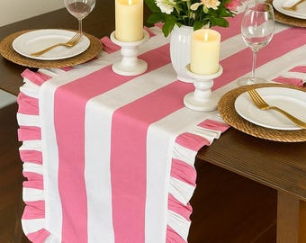 Camino de mesa de algodón a rayas con volantes, rosa y blanco, decoración para la mesa del comedor.