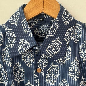 Block Printed Cotton Summer Woman Shirt   Button Down Shirt, Long Sleeve, Blue and White Pattern