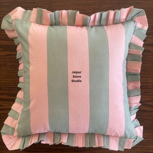 Decorative Ruffled  Cushion Cover with Ruffled Edge Pink and Gray Striped Pattern Square, Easter Sale