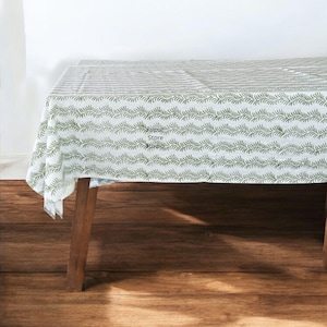 Handgemaakt katoenen tafelkleed met blokprint: groene bloemen, Franse stijl