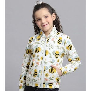 Chaqueta acolchada infantil, estampado de abejas, blanca, cremallera completa, manga larga