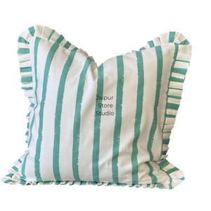 100% Cotton Decorative Throw Cushion  Cover with Ruffles, Sage Green Striped Pattern, Machine Washable, Hand Tufted, Easter Sale