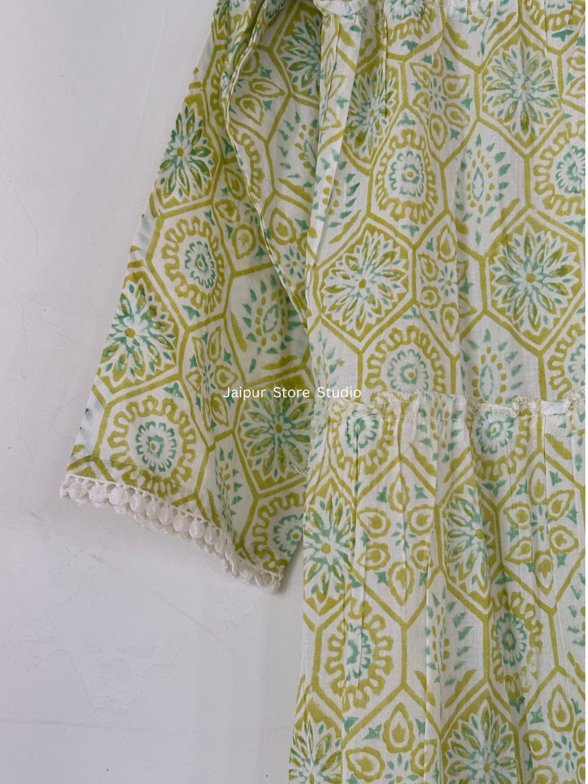 Green Floral Stripe Block Print Dress – Handmade Cotton Puff Sleeve Mini