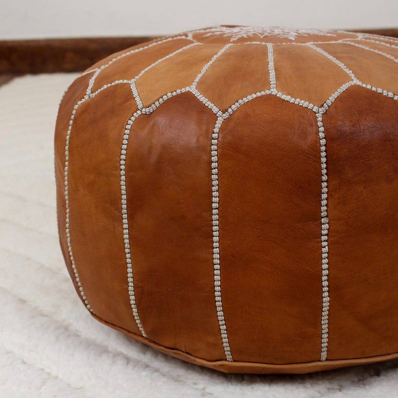 Tan Brown Leather Ottoman Pouf, Ottoman Footstool, Pouf Leather