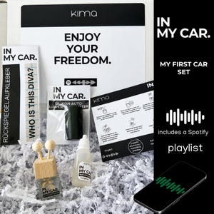 In mijn auto cadeauset, rijbewijs cadeau, eerste auto cadeau, autochauffeur cadeau, auto luchtverfrisser, diffuser, stickers, Spotify afspeellijst