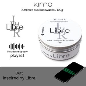 Libre doftljus inspirerat av Libre DESIGNER, doftburk gjord av rapsvax, Spotify-kod med soundtrack, lyxig presentidé
