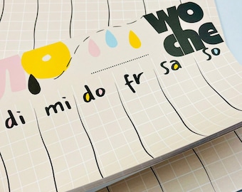 May include: A stack of beige weekly planner pages with a grid pattern. The pages feature colorful abstract designs, including yellow, pink, and blue shapes, and the days of the week in German. The word "Woche" is also visible.
