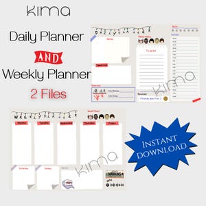 May include: Digital daily and weekly planner with a white background. The planner includes sections for notes, to-do lists, and a schedule. The design features the text "Daily Planner AND Weekly Planner 2 Files" and "Instant Download."